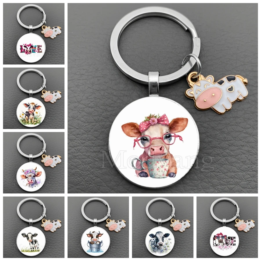 Creative Colorful Cow Keychain Personality cartoon cow glass dome key chain I love cows
