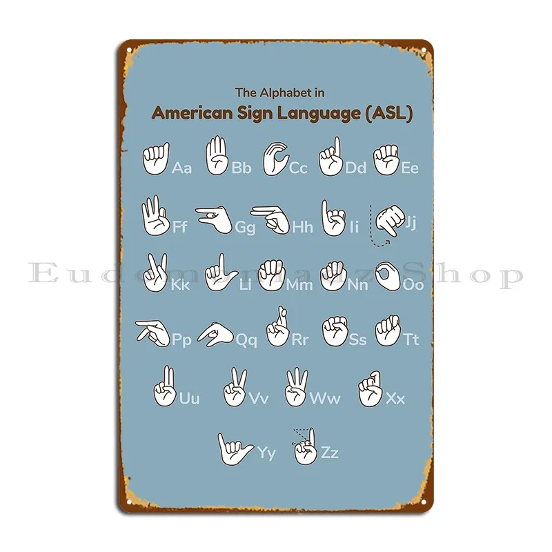 Póster educativo The Alphabet In Americam, lenguaje de letreros Asl, placas de letrero de Metal, decoración de pared, cartel de estaño de garaje de hierro