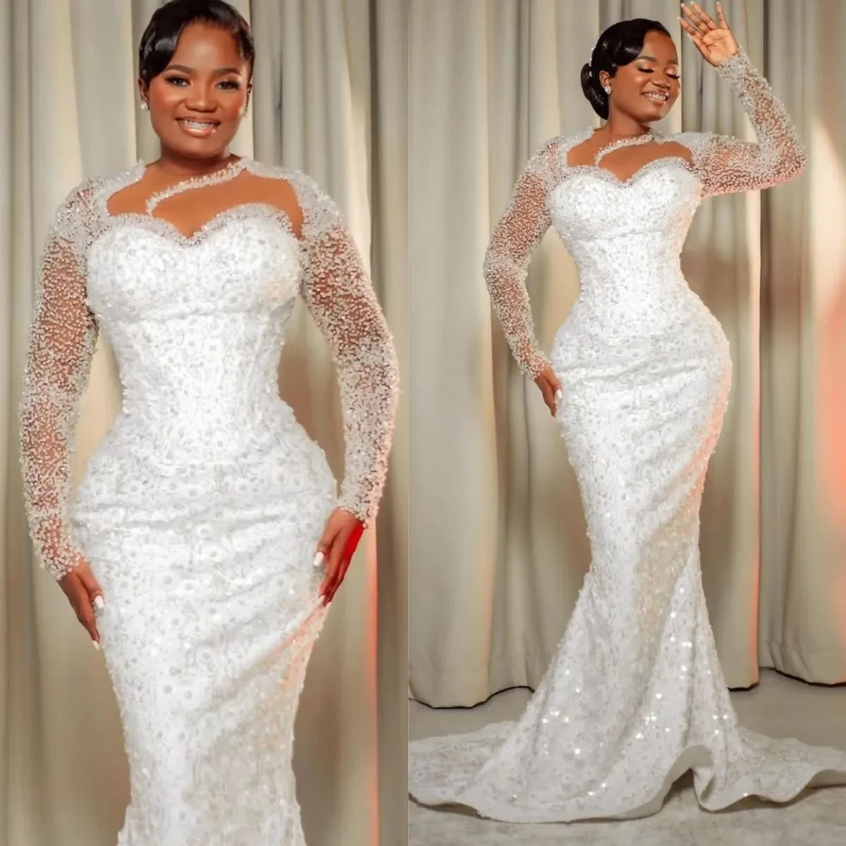 Customized African Wedding Dress Bridal Gowns For Bride Mermaid Illusion Sheer Long Sleeves Appliqued Beaded Lace Rhinestones