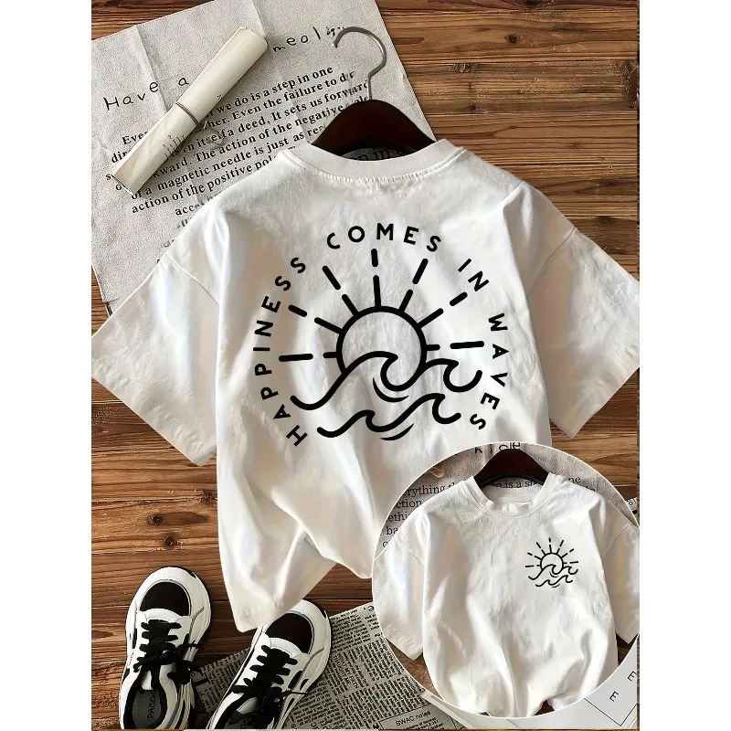 تي شيرت كاجوال للفتيات برقبة دائرية مع طباعة شمس وموجة قابلة للعكس وشعار "السعادة" مريح لجميع المواسم