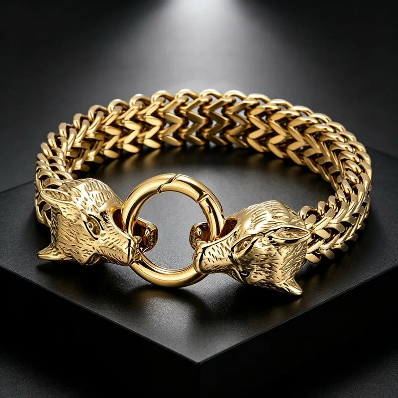 Hip-hop Rock Fashion Personality Trendy Accessories for MEN'S Stainless Steel Wolf Head Bracelet