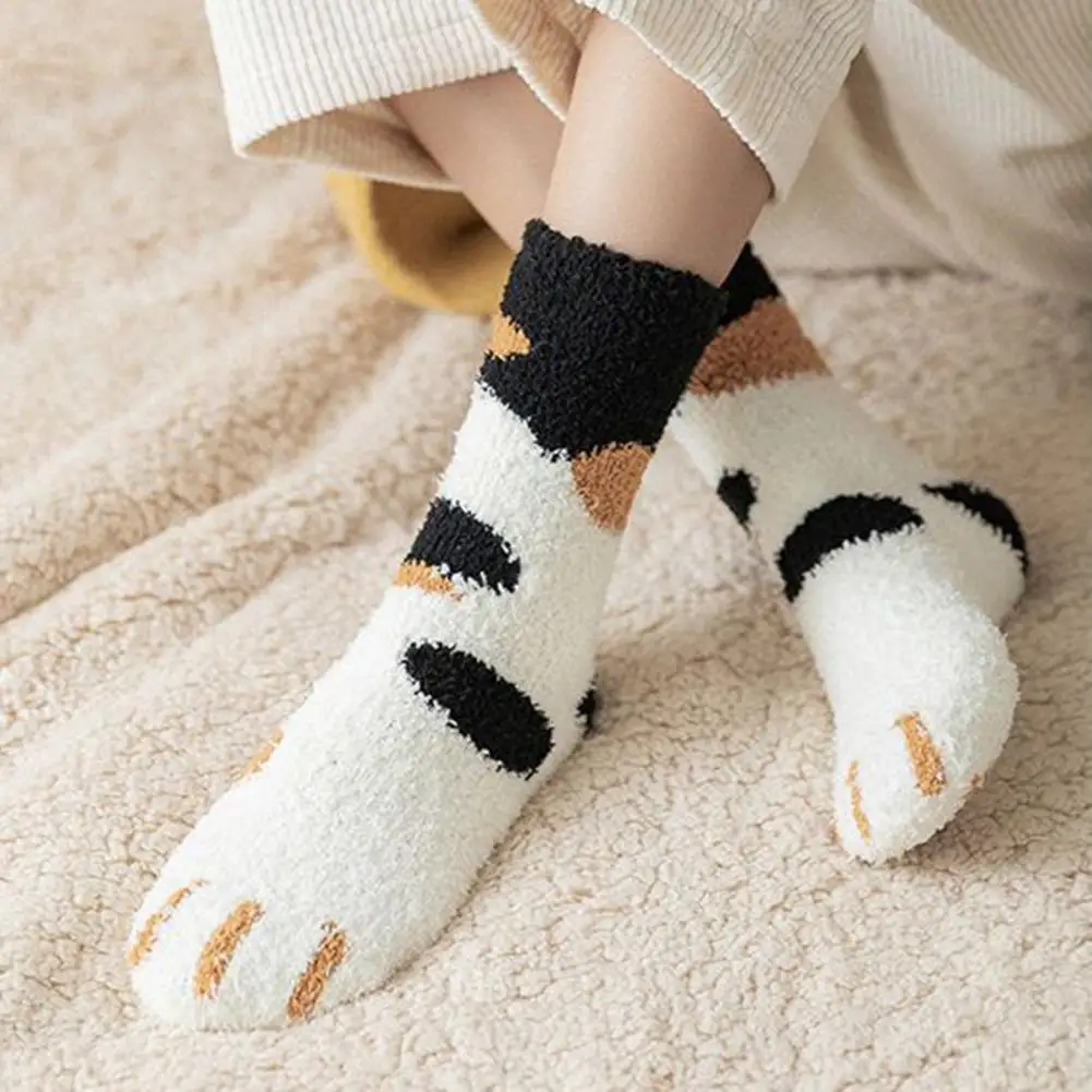 Stable Top Design Socks Cozy Cartoon Cat Paw Women's Socks Bundle 10 Pairs of Thick Coral Fleece Mid Tube Socks for Daily Wear