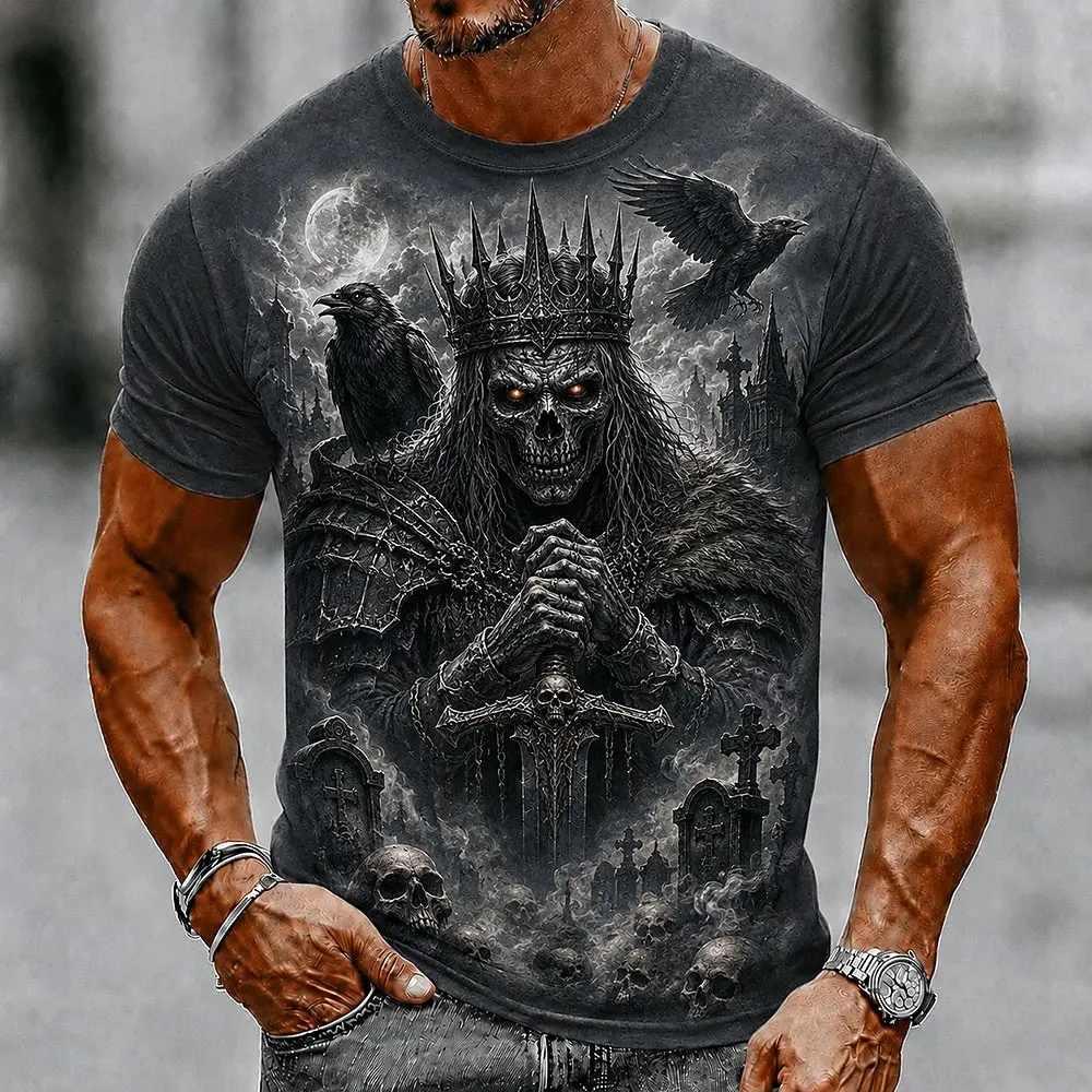 Men's Spring Summer 3D Printed Crew Neck Tee, Gray Crown Skull Crow Castle Graveyard Gothic Horror Top