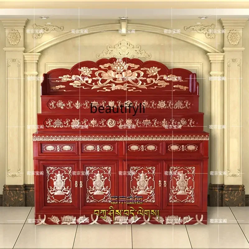 Tibetan gold-painted carved casket vertical cabinet solid wood, three-layer Buddha statue offering table, household cabinet