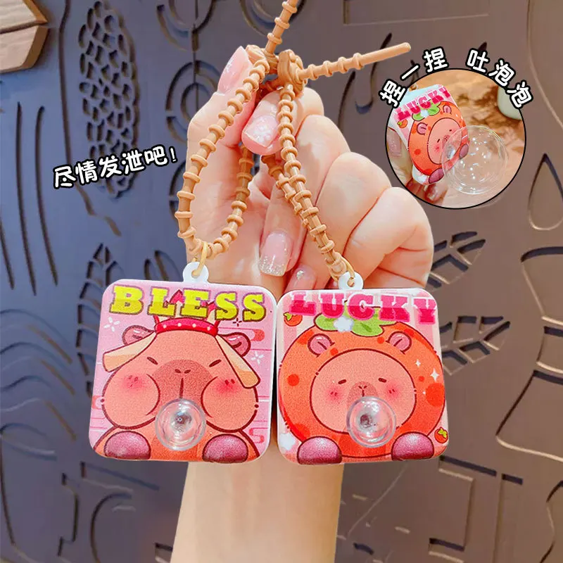 Kawaii Capybara Square Blow Bubbles Doll Keychain Pendant Stress Vent Relief Cartoon Hand Pinch Toy Cute Soft Bag Ornament Gift