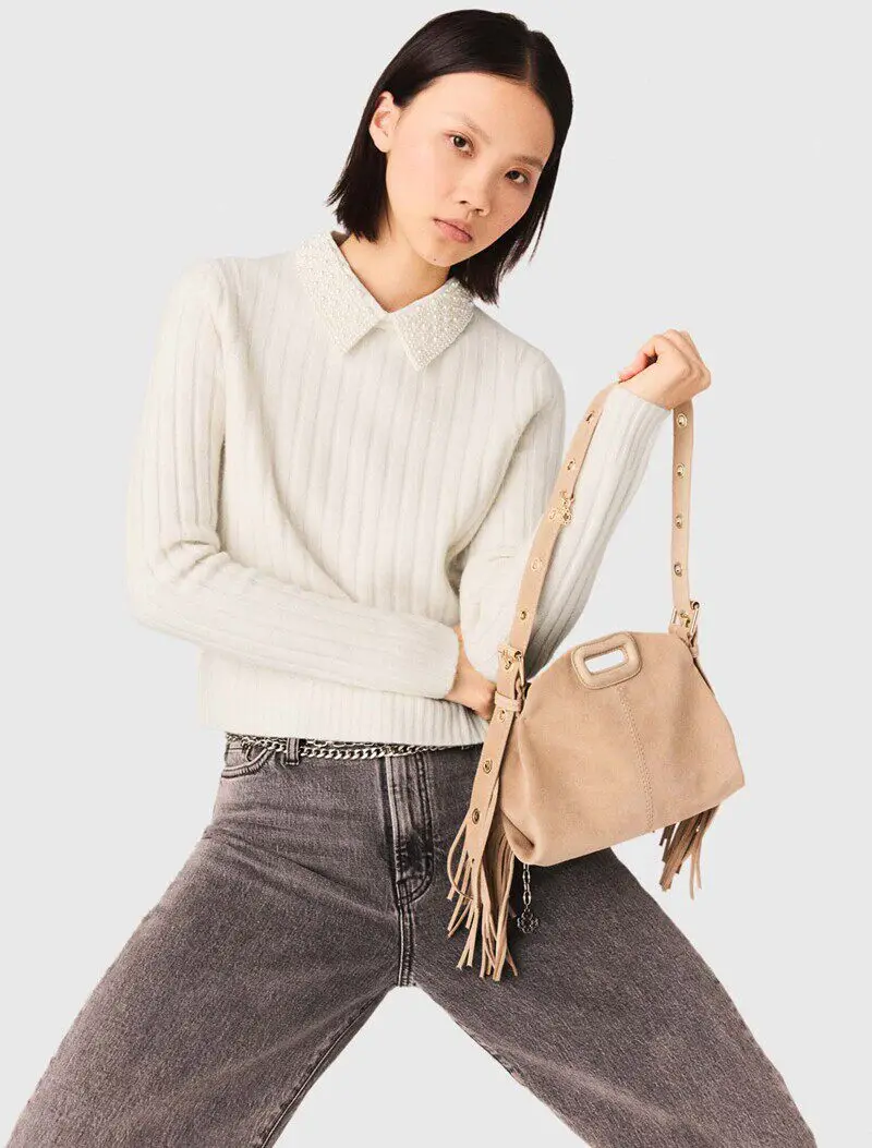 

Модный женский вязаный свитер с отстегивающимся воротником, украшенным жемчугом, с длинными рукавами, во французском стиле, средней длины