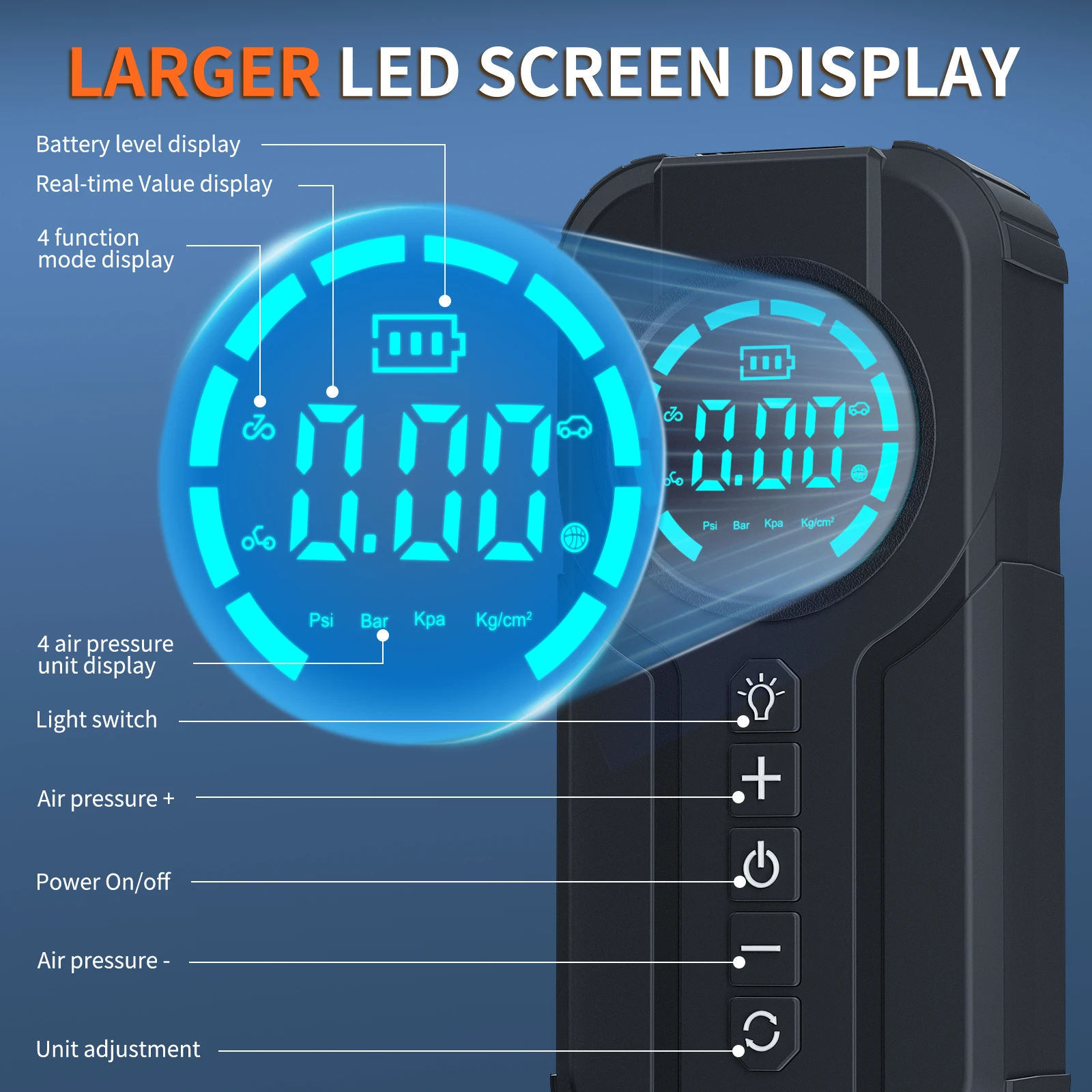 BUVAYE-Démarreur d'air pour diabétique, compresseur d'air avec batterie externe, lumière LED, booster de batterie portable 12V, 2000A, boîte pour diabétique, gonfleur d'opathie 150PSI