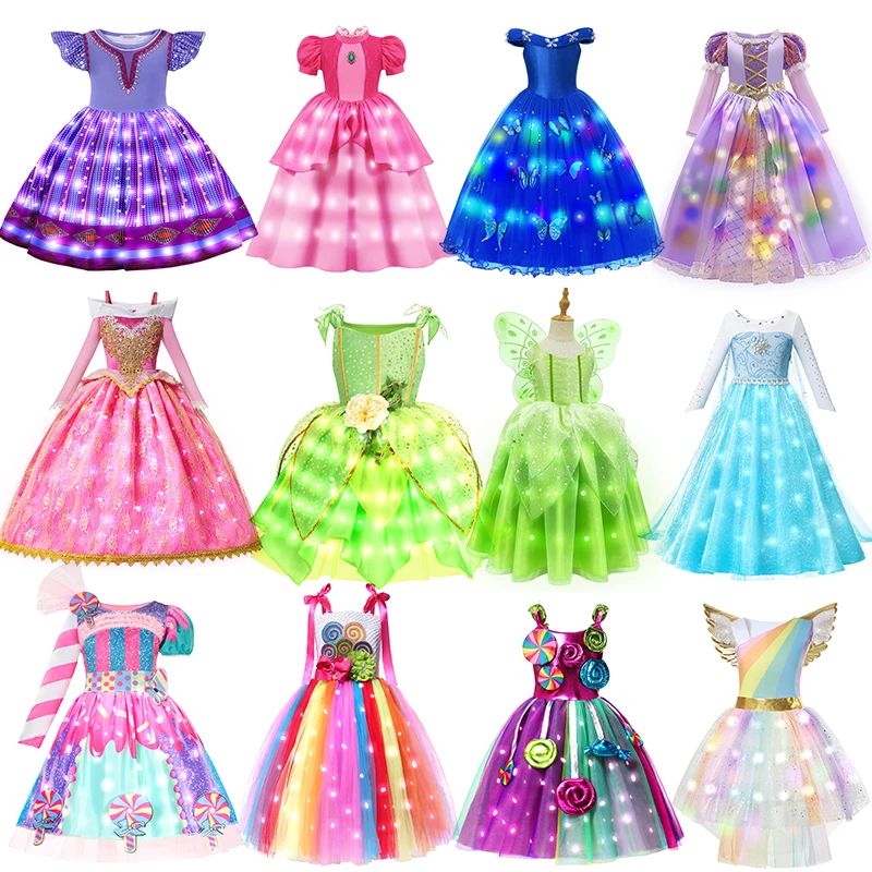 

Tinkerbell Fairy Dresses LED Light Up for Dress Girls Costume Kids Cosplay Rapunzel Princess Clothes Halloween Party Outfit