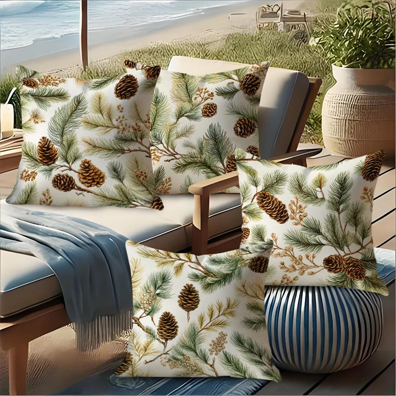 Decorative Set of 4 Pine Cone and Pine Branch Throw Pillow Covers Evergreen Woodland Holiday Seasonal Cushions for Home Decor