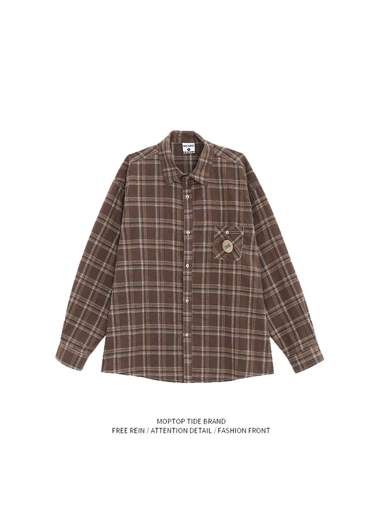 

Mr. WH American Retro Emblem Logo Plaid Long Sve Men's irt Couple's Outerwear Casual Loose Fit Youthful Polyester Fiber