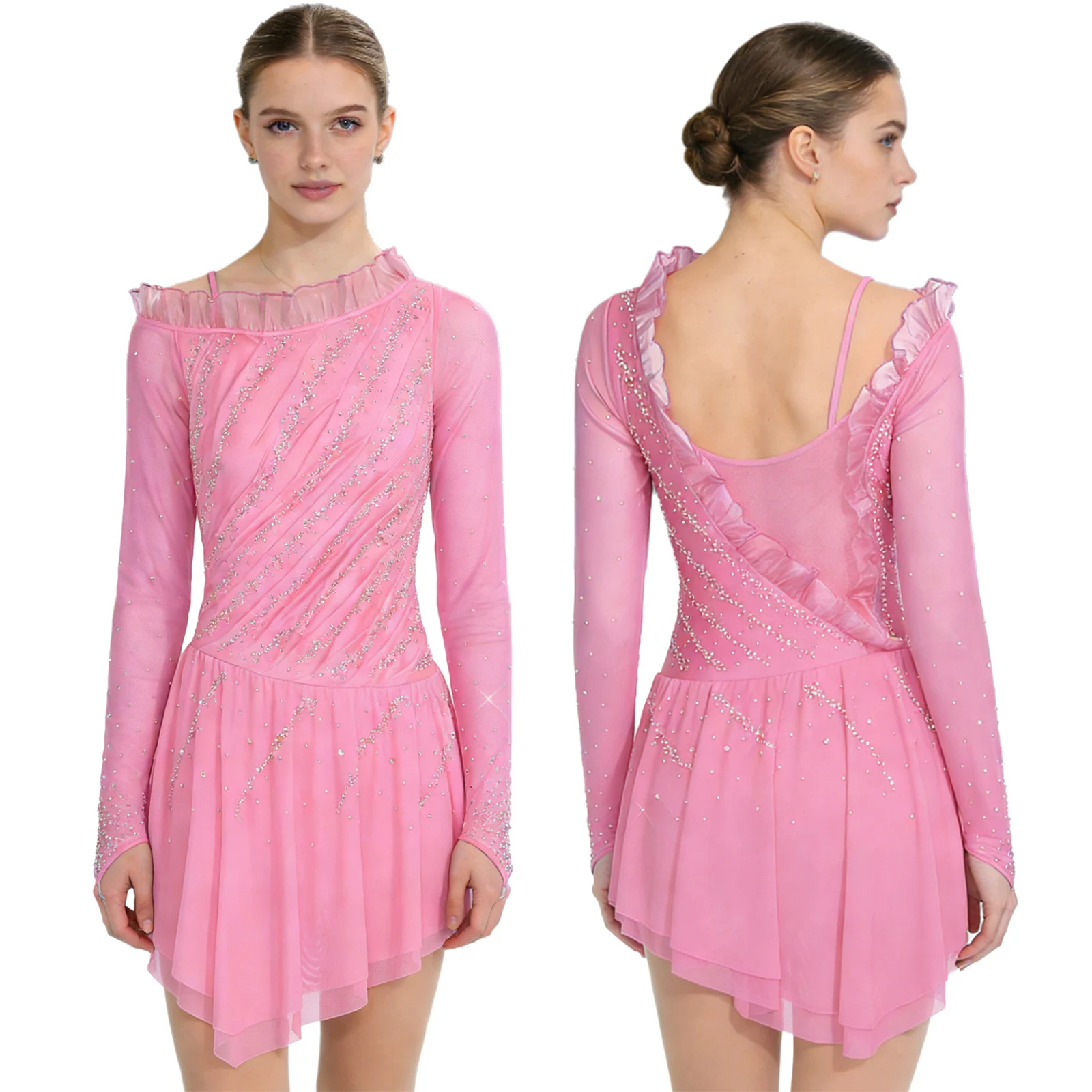 

Women Rhythmic Ice Figure Skating Leotards Dress Performance Costume Sheer Mesh Long Sleeves Rhinestones Asymmetrical Tutu Dress