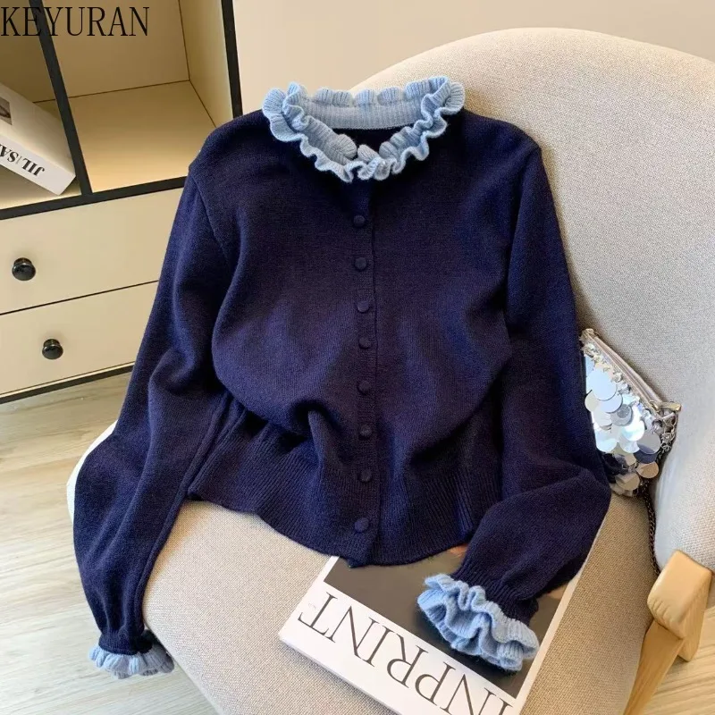 

French Gentle Ruffles Collar Knitted Cardigan Women 2025 New Autumn Sweet O-Neck Long Sleeve Kawaii Sweater Jacket Mujer Tops