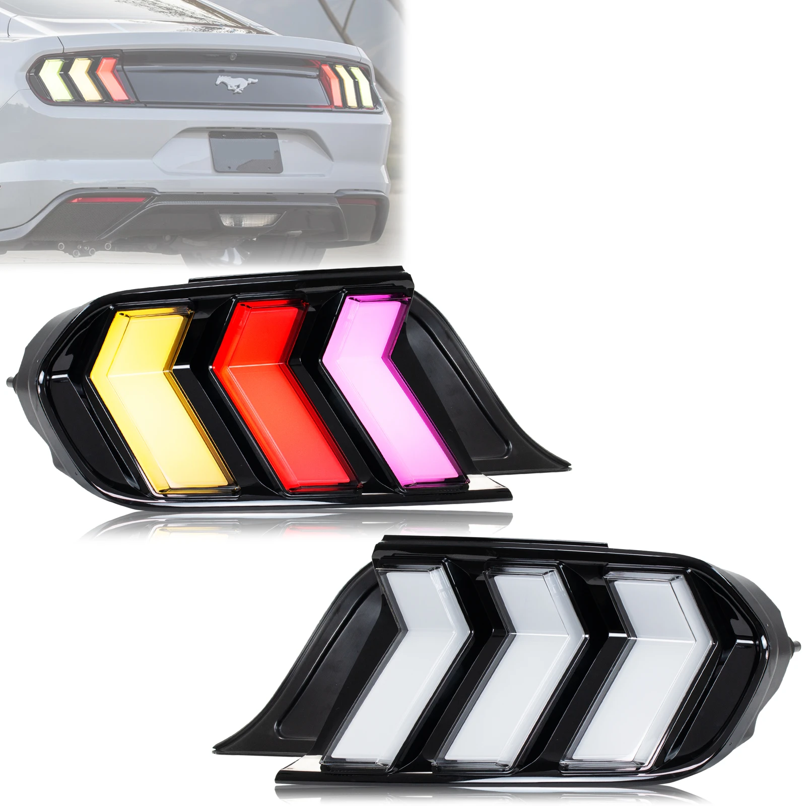

Светодиодные задние фонари RGB для Ford Mustang 2015-2023 S550 GT Shelby, динамическая анимация, красочная пара задних фонарей в сборе