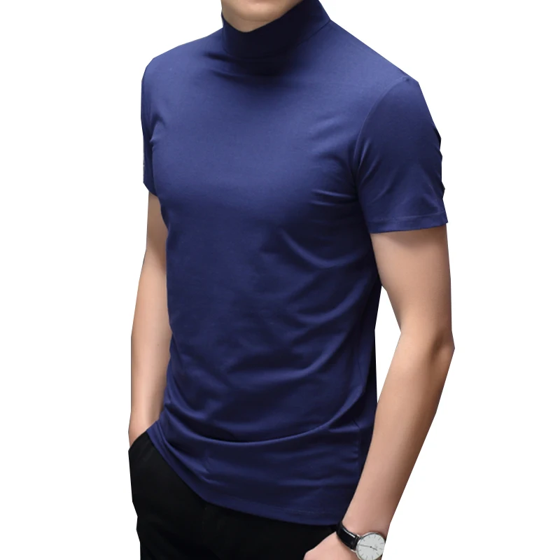 T-Shirt Manches Courtes pour Homme, Vêtement en Coton Mercerisé, Col Mi-haut, Coupe Slim, Couleur Unie, Mode Été 2022