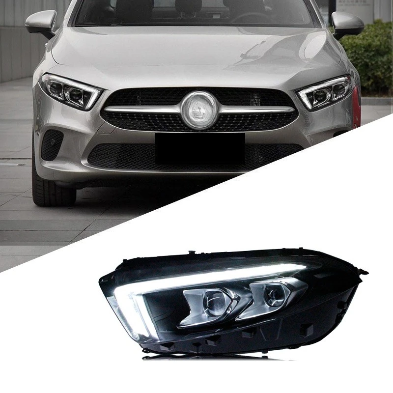

Подходит для Mercedes-Benz A-класса в сборе, модифицированные светодиодные дневные ходовые огни, стример, указатель поворота, двойная линза, светодиодный он