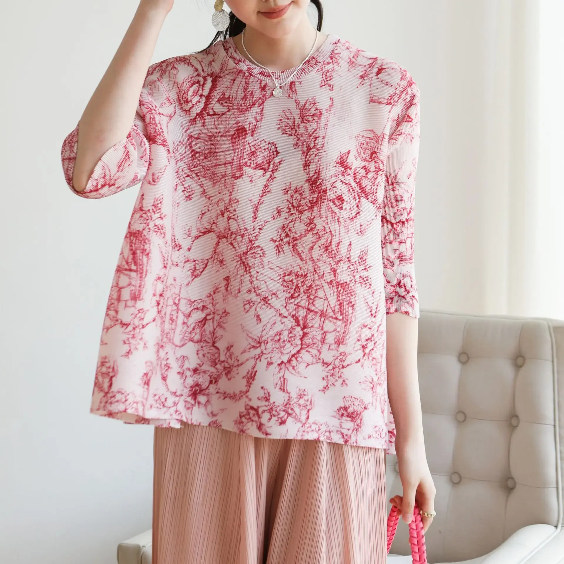 

SXZ Pleats T-shirt 2025 Summer Miyake High-end Pleats New Chinese Rustic Style Printing Casual Peplum Tops T-shirt Clothing