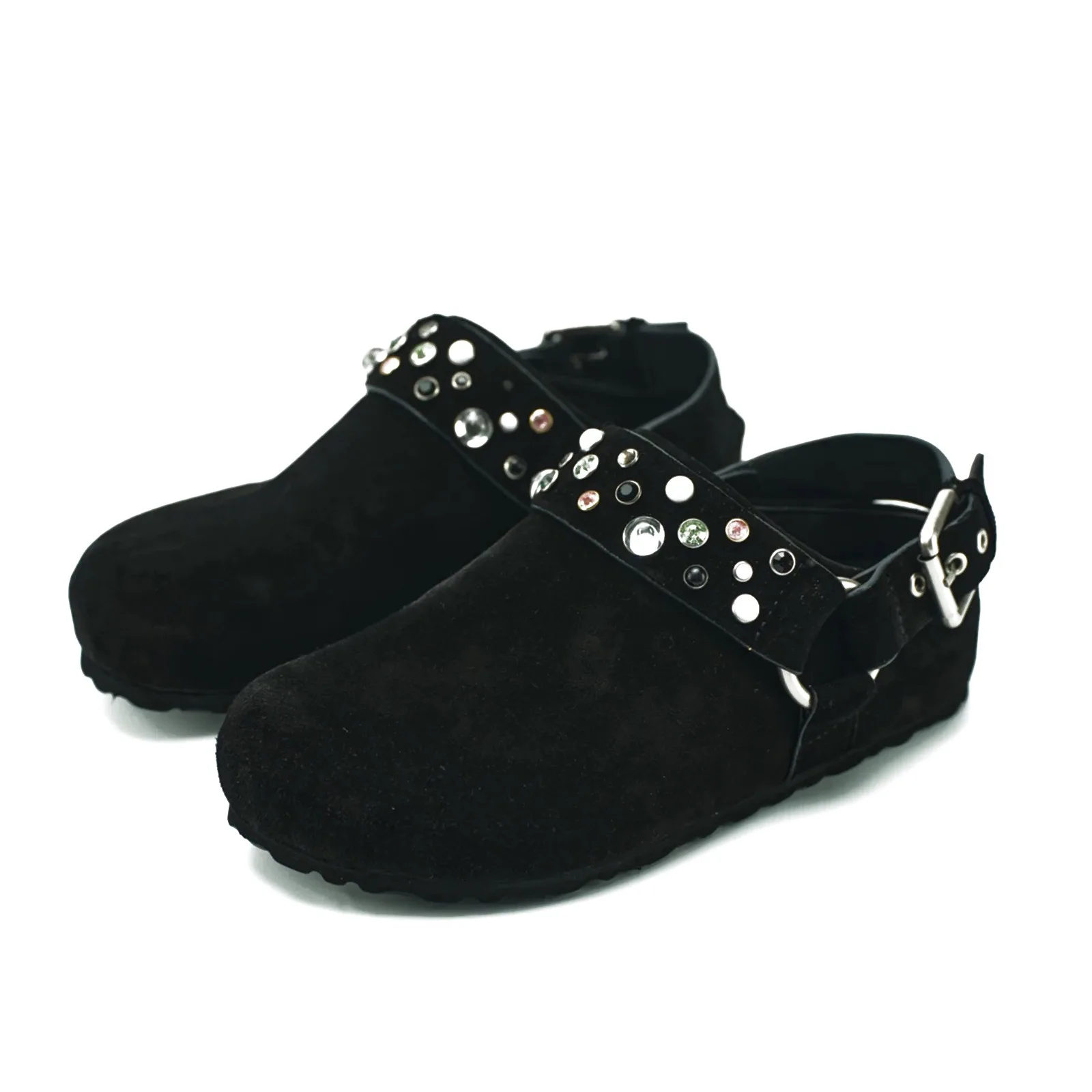 Women's Rhinestone Studded Double Buckle Boston Style Suede Mules Round Toe Backless Slip‑On Clogs Punk Rivet Decor