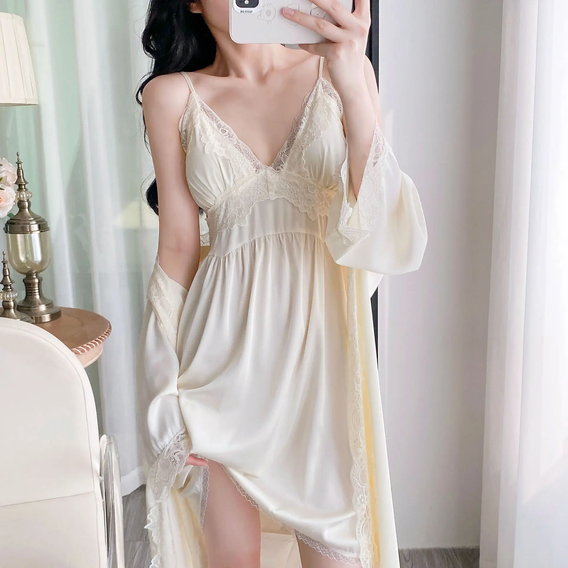 

Sexy Solid Color Women Robe Set Spring Summer Sleepwear Home Dress Nightgown Ice Silk Night Wear