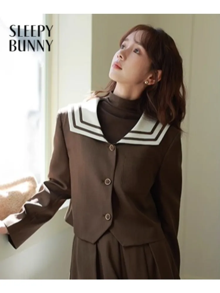 Elegant Brown Blazer Jacket Vintage School Style Outerwear High Waist Slim Fit Cropped Coat Women Autumn Winter Casual Fashion