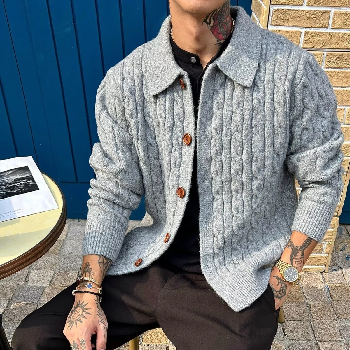 

American Retro Casual V-ne Knitted Sweater Men's Color Open Cardigan Soft Polyester Fiber Winter Commute Sle