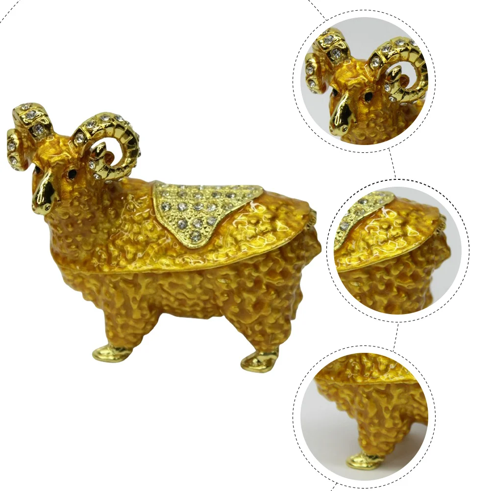 

Enameled Sheep Shaped Trinket Box Vintage Jewelry Organizer Alloy Statue Ornament Desk Decor Enamel Trinket Box