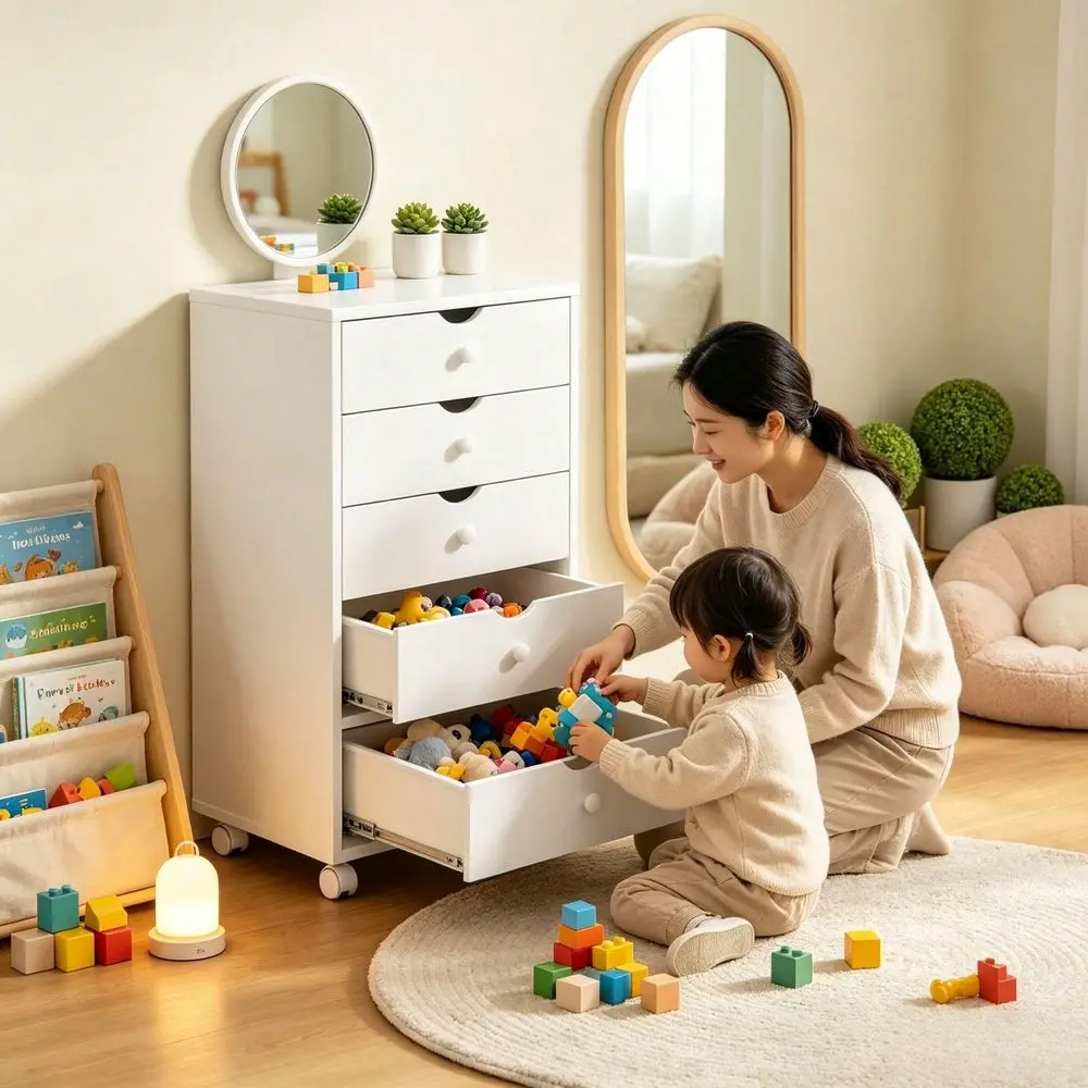 Rolling Storage Cabinet Wooden Mobile Dresser With Locking Wheels, Compact Organizer For Home Office, White