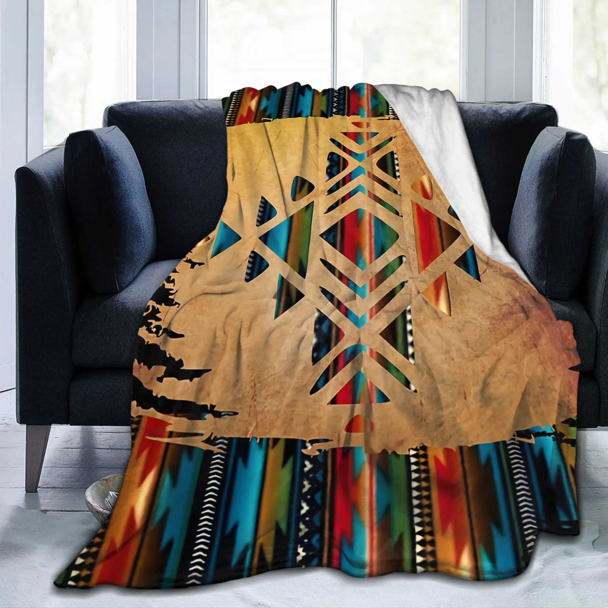 Navajo Pattern Mexican Serape Boho Stripes Blankets Aztec Fuzzy Warm Bedding Throw Blanket for Bedroom Spring Autumn Lightweight