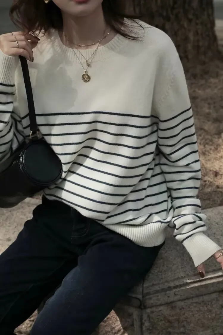New Women Fashion Striped Basic Knit Sweater Vintage O Neck Short Sleeve Female Pullovers Chic Tops