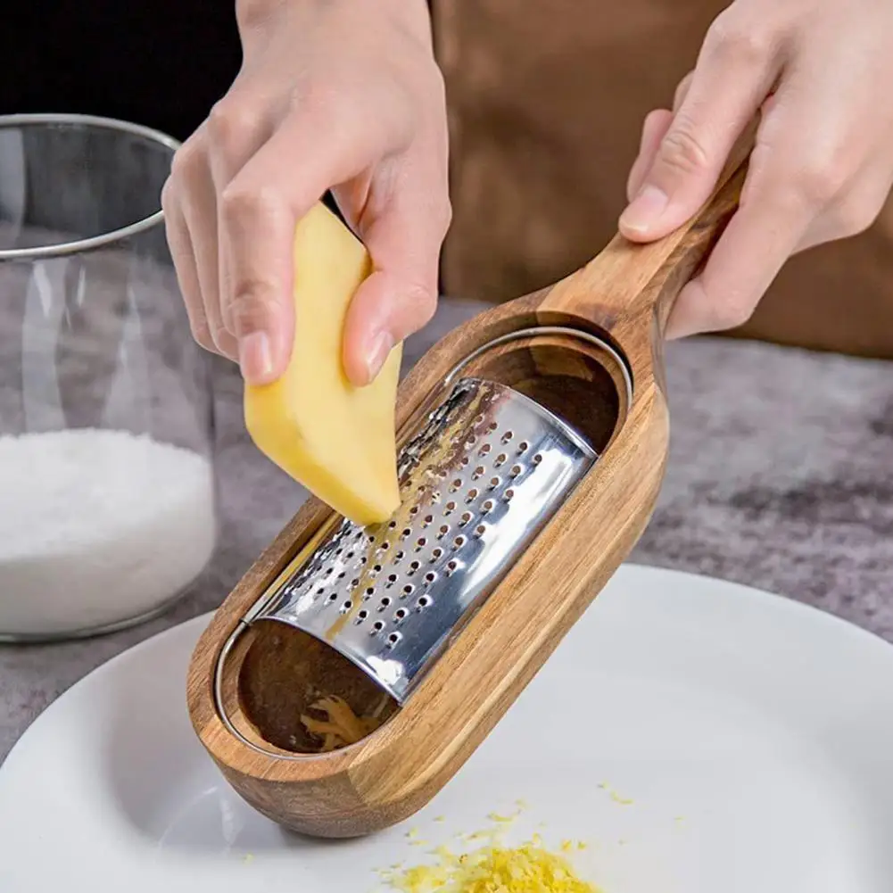 Long Handle Cheese Grater Stainless Steel Cheese Grater Box with Long Handle Removable Acacia Wood Collector Durable for Kitchen
