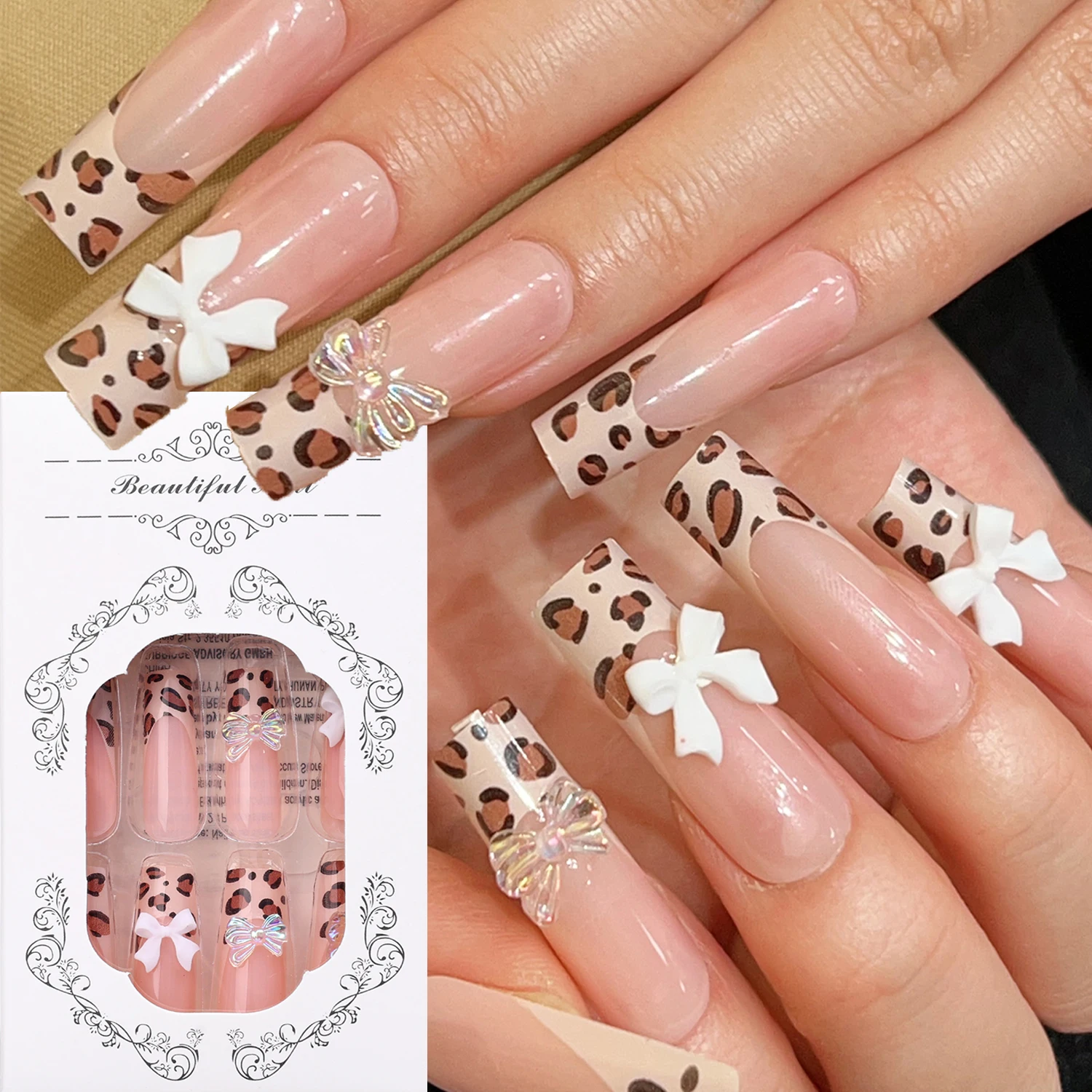 24PCS/Set Leopard Print Design False Nails with Bow Long Square Press on Nails Wearable French Ballet Fake Nail Tips Decoration