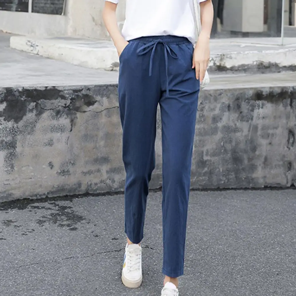 

Womens Spring Summer Pants Cotton Linen Solid Elastic Waist Harem Trousers Trendy Loose Thin Soft Pants High Quality For Female