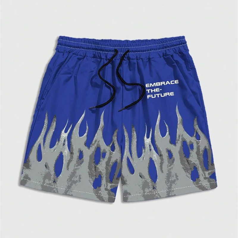 Men Silver Flame Print Shorts Embrace The Future Letter Drawstring Casual Streetwear Summer Loose Athletic Shorts