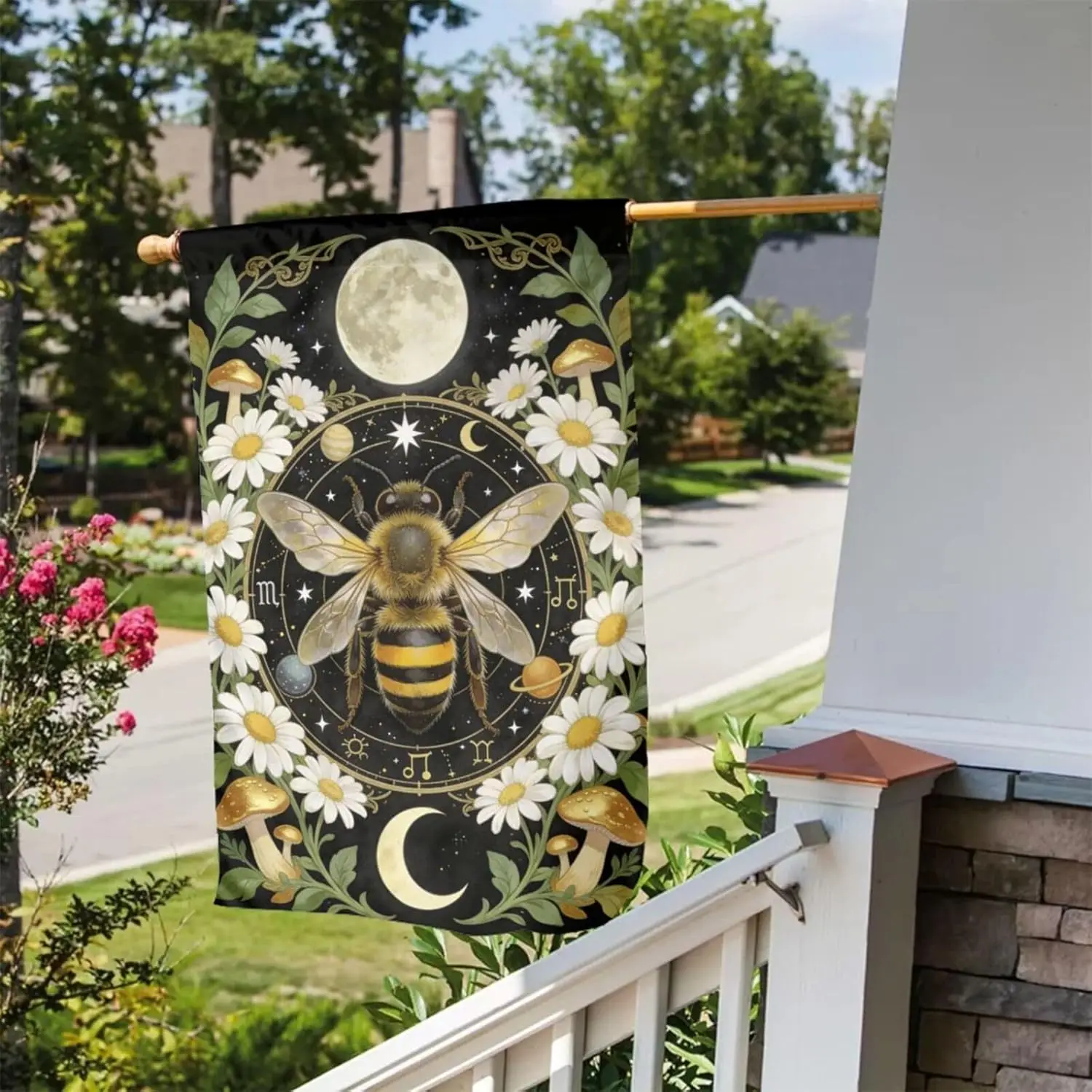 Mystic Cosmic Bee and Mushroom 12 x 18 Inch Garden Flags Double Sided Vertical Outdoor Flag for Garden Yard Holiday Decor AAS