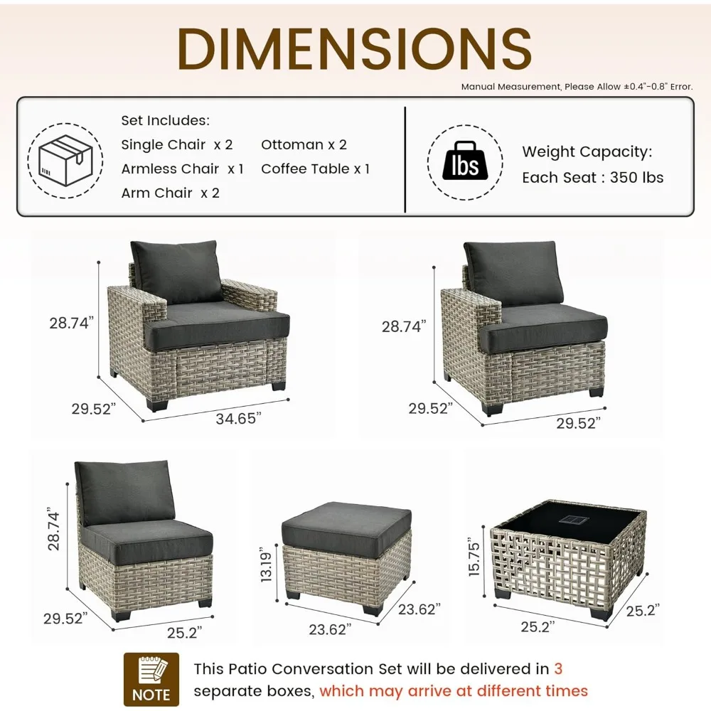 Canapé en rotin sectionnel extérieur, ensembles de meubles, tissage manuel, WUNICEF, ensemble de conversation, table basse solaire 62, 8 pièces