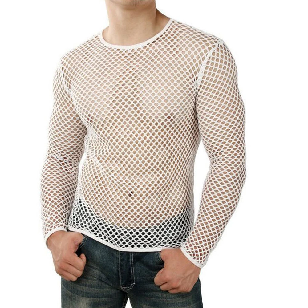 Men Transparent Sexy Mesh T Shirt 2024 New See Through Fishnet Long Sleeve Muscle Undershirts Nightclub Party Perform Top Tees