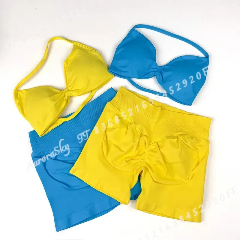 Seamless 2 Piece Yoga Set Strappy Halter Sports Bra Push Up Padded Crop Top Scrunch Butt Shorts Quick Dry Backless Gym