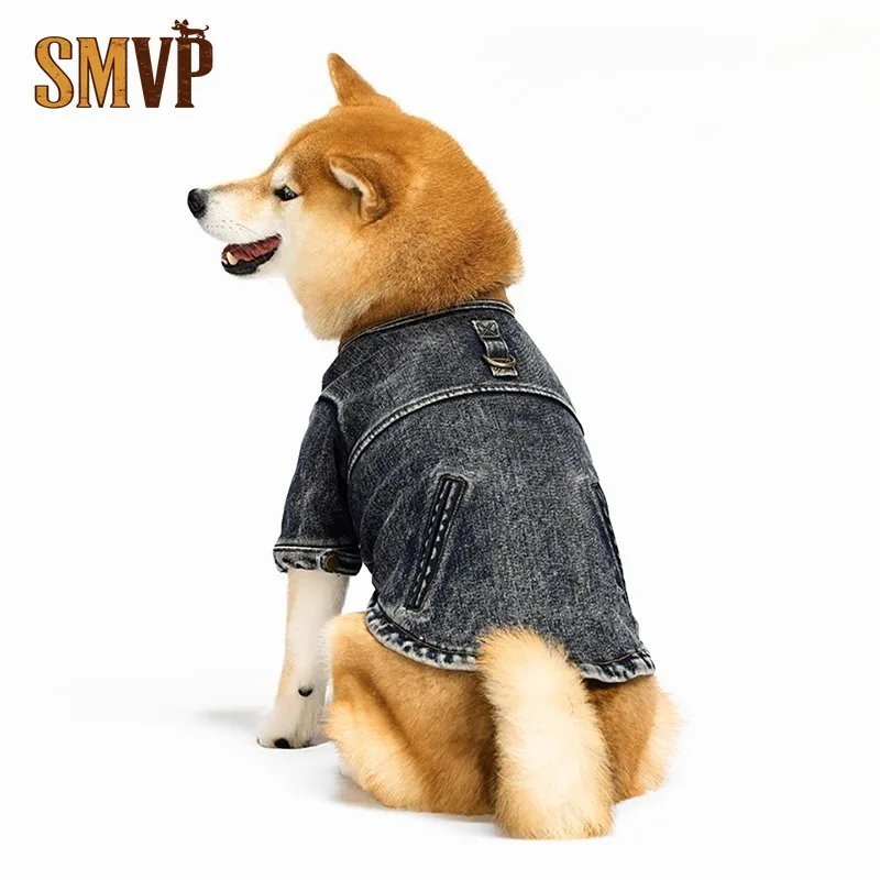 Denim Pet Coat with Built in Harness D Ring Stand Knit Collar Windproof Warm Soft Fabric Casual Outdoor Walking Apparel for Pets
