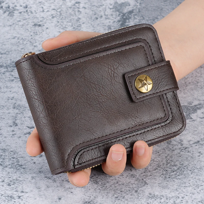 2026 Retro Men's Short Horizontal Wallet with Zipper Multifunctional Card Bag, Three Fold Wallet with Nail Buckle