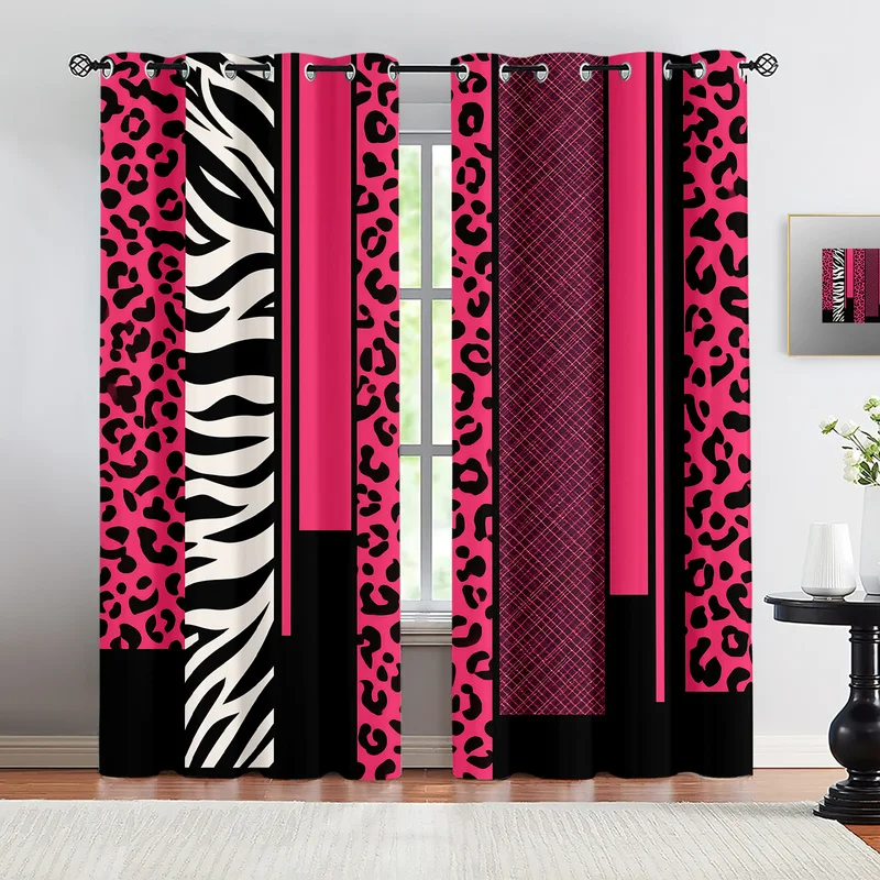 2Pc Hot Pink Leopard Zebra Striped Print Curtains Light Blocking Curtains Decorative Drapes for Bedroom Living Room