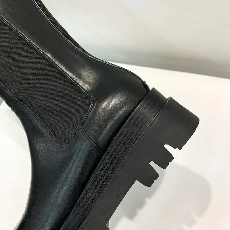 Damen Hohe Stiefel Mode Rutschfeste Wasserdichte Winter-Reißverschluss PU-Leder Kniehohe Stiefel Damen Klobige Plateau-Langstiefel – Detail 13