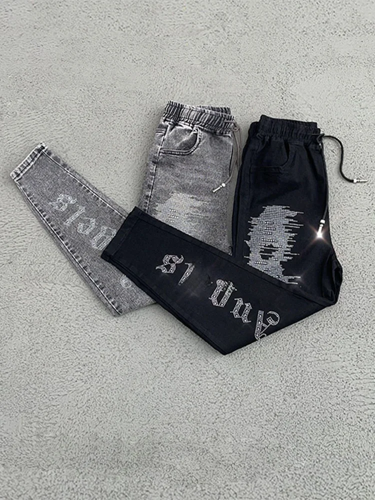 

Женские джинсы-харланы с эластичной талией, облегающие, модные, в корейском стиле, с термопечатью в виде бриллиантов, из хлопкового стрейч-денима