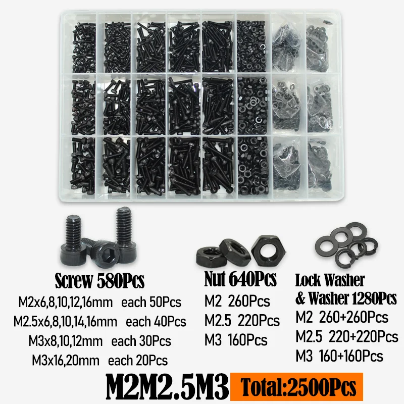 2500 Sechs kant Inbus Innen sechs kant schraube Kopfs ch raube m2 m2, 5 m3 m4 m5 m6 schwarz 2,5 Grad Kohlenstoffs tahl Schrauben Mutter Unter leg scheibe Sortiment – Detail 9