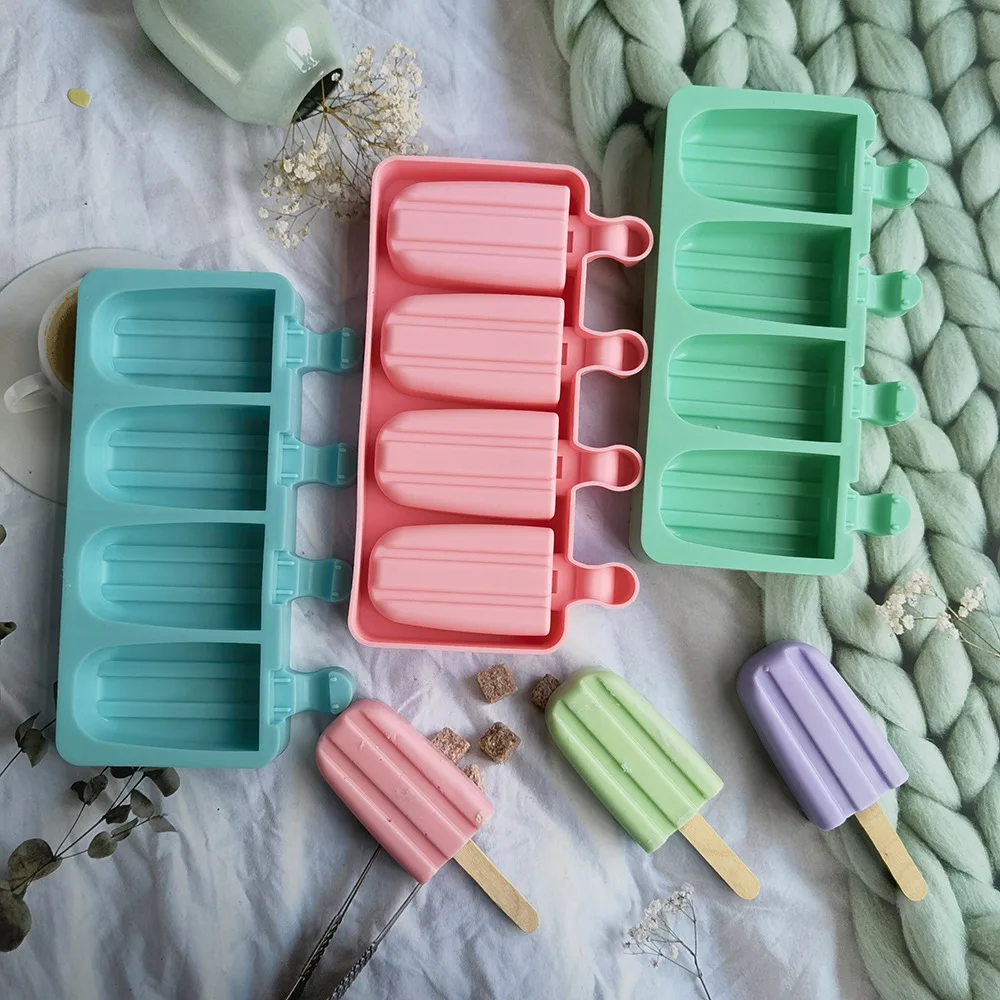 4 Cavity Silicone Oval Double Grooved Ice Cream Mould Creative Simple Striped Ice Tray Jelly Pudding Soap Mousse Cake Mold Gifts