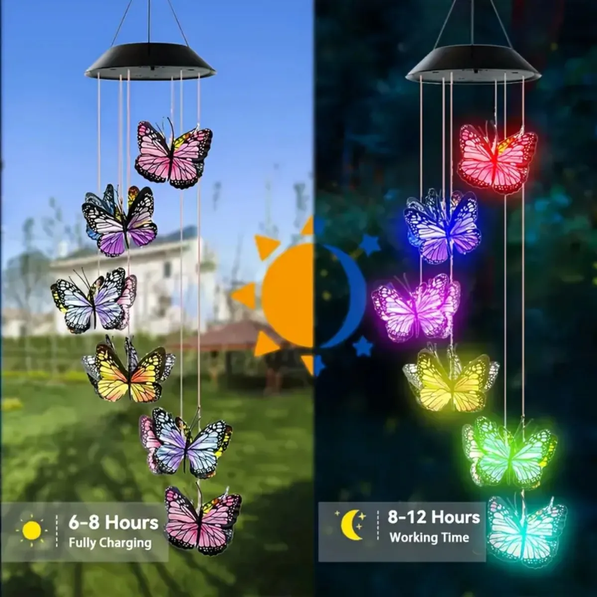 1 قطعة تعمل بالطاقة الشمسية الملونة الرياح الرنين ضوء في الهواء الطلق مقاوم للماء معلقة مصباح المحمول للمنزل حديقة ساحة فناء مهرجان ديكور #5