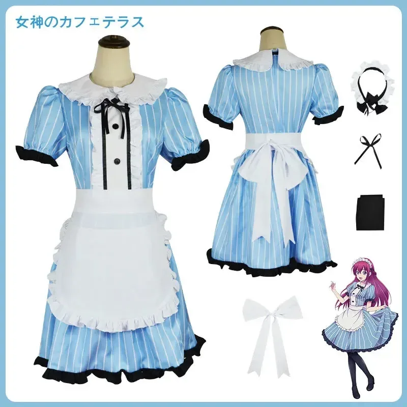 La terraza del café y sus diosas Megami no Kafeterasu Riho Tsukishima Shiragiku Ono Ouka Makusawa Cosplay vestido de sirvienta azul