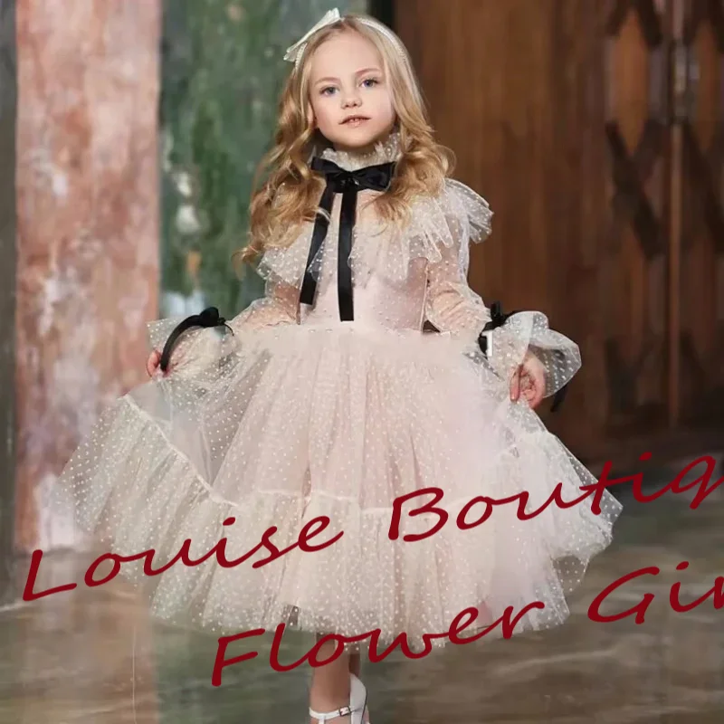 

High Neck Flower Girl Dress Customized Polka Dots A-Line Ankle Length Black Bow Dresses For Kids First Communion Birthday Gowns