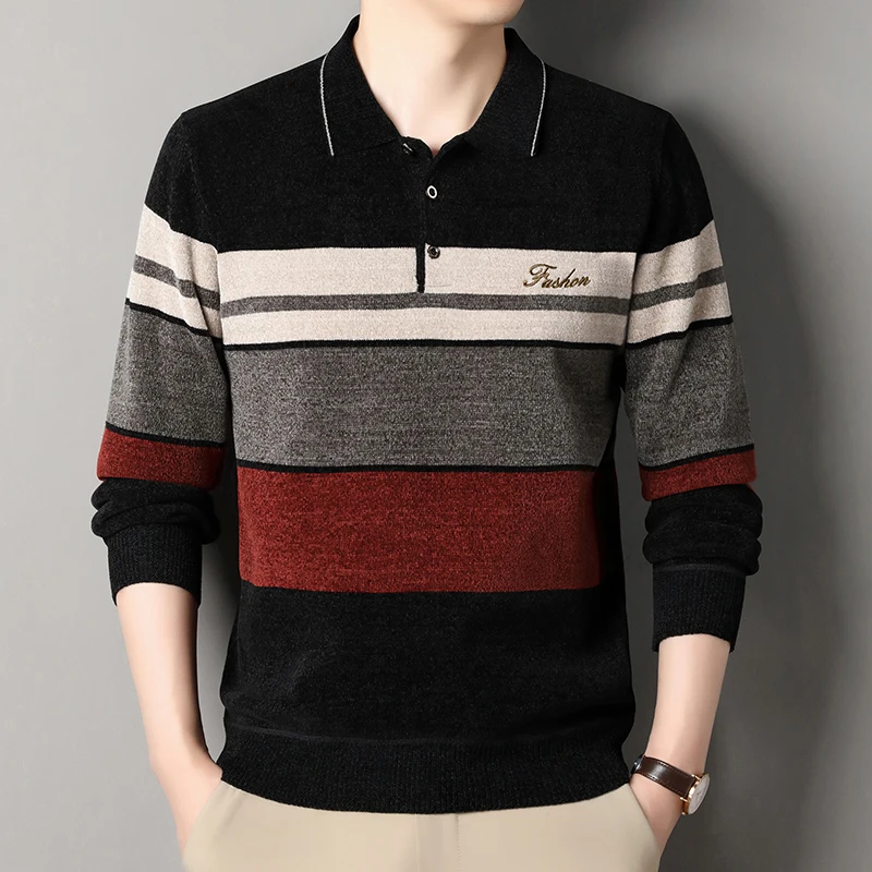 Men\'s Lapel Sweater Fashion Striped Knitted Pullovers Autumn Winter Fleece Lined Knitwear Thickened Jumpers New Jersey