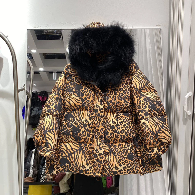 Winter Leopard Zebra Print Jacket Female Oversized Natural Big Fur Collar Down Jacket Women Luxury White Duck Down Warm Outwears
