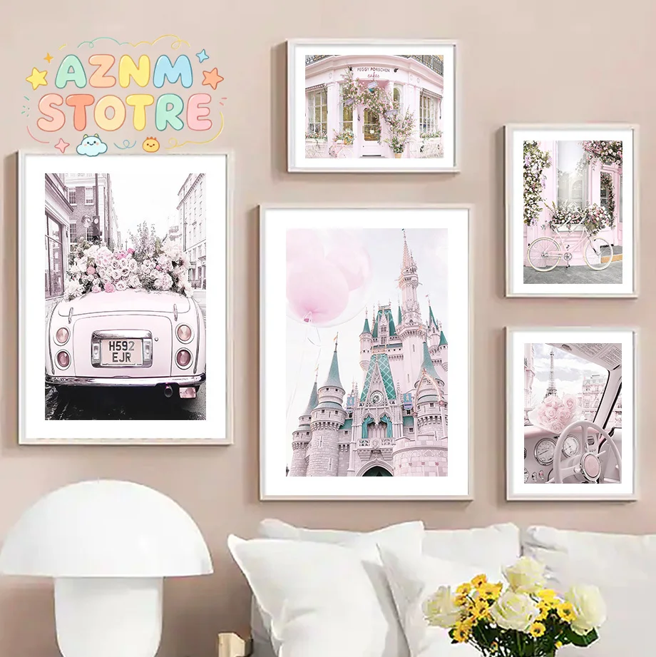 Pink Paris Tower Rose Cherry Blossom Car Store Wall Art Canvas Painting Posters And Prints Modern Picture Living Room Decorat
