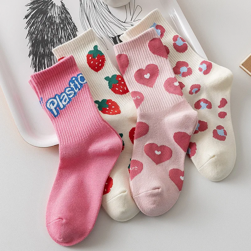 

Women's Middle Tube Socks New Heart Strawberry Sweet Love Girl Socks Cute Lovely Fruit Pink Cotton Casual Socks